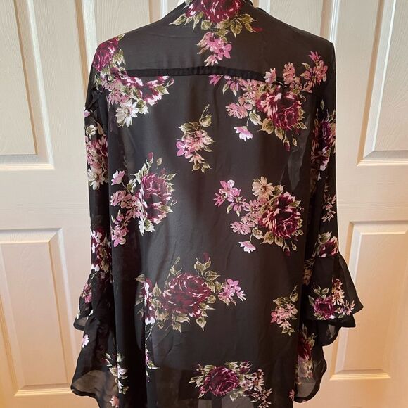 BLACK WITH PURPLE ROSES & BUTTERFLY SLEEVES CREPE DUSTER SIZE 2X BY LIVE 4 TRUTH - Picture 8 of 8